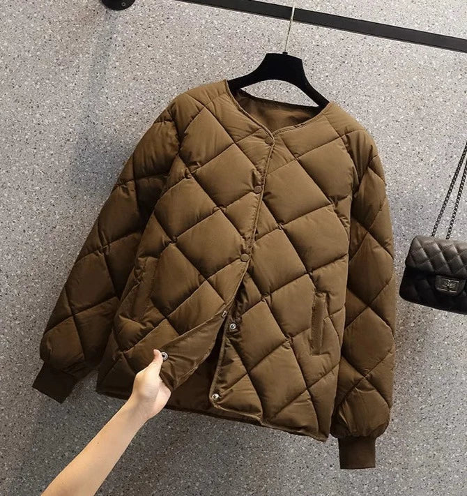 Women's checked quilted round neck jacket