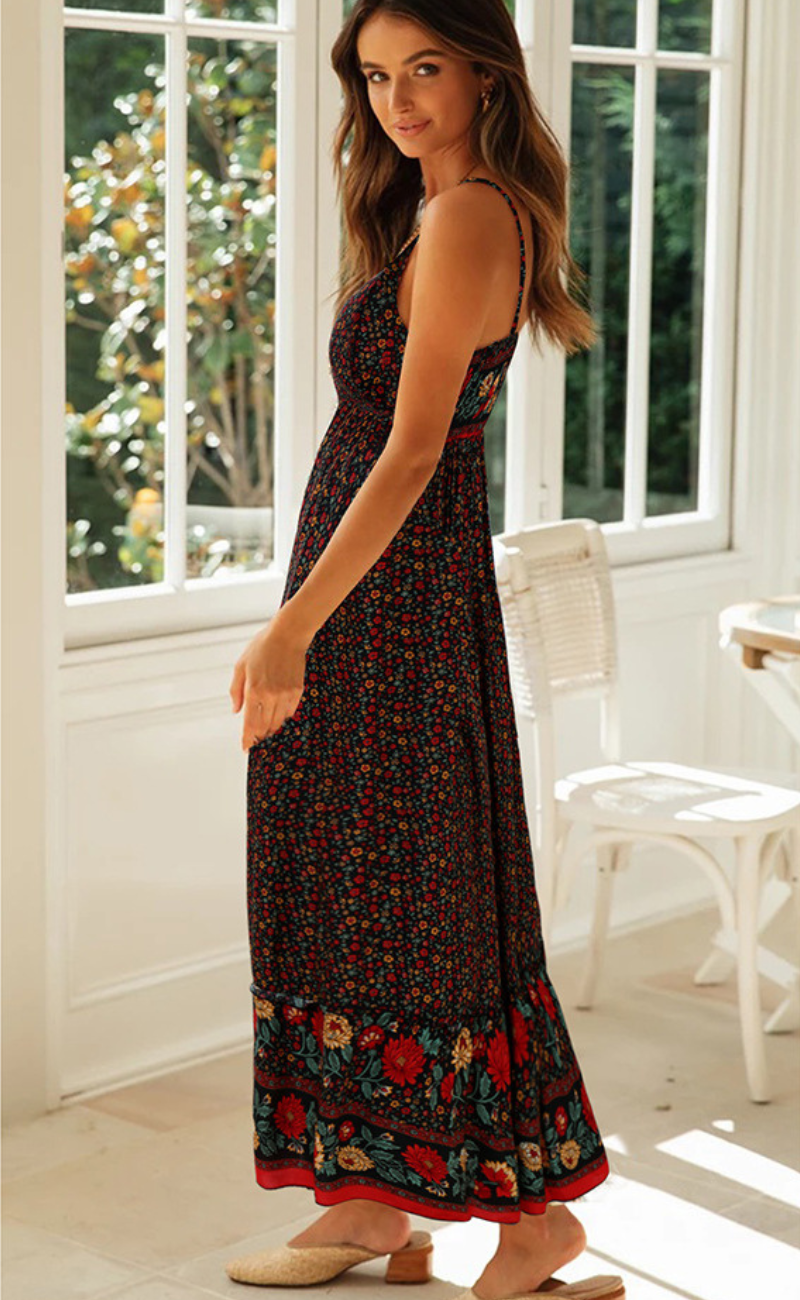 Women's Maxi Dress - Floral Print - V-Neck - Adjustable Spaghetti Straps - Flowy Fit