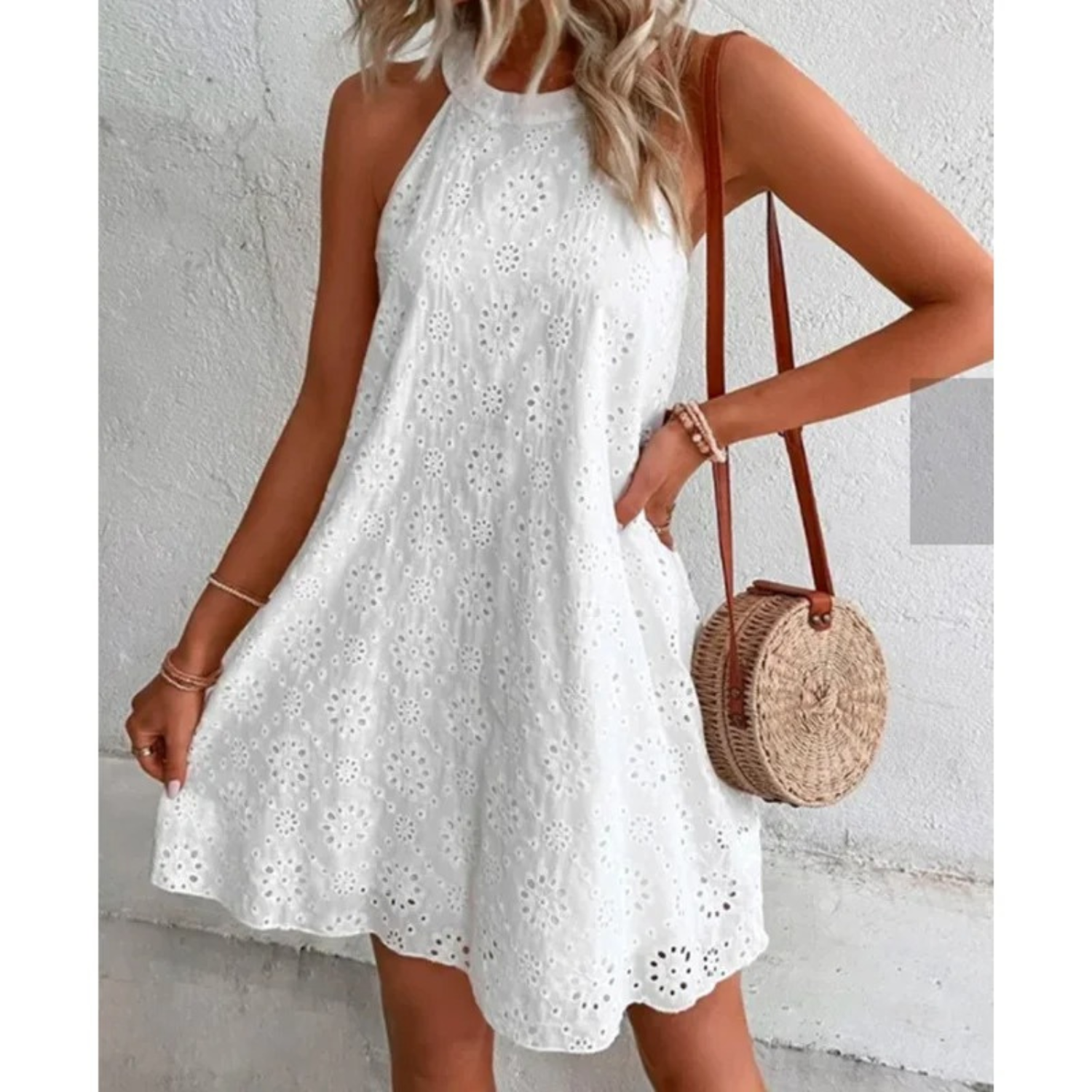 Embroidered Eyelet Halter-Neck Mini Dress