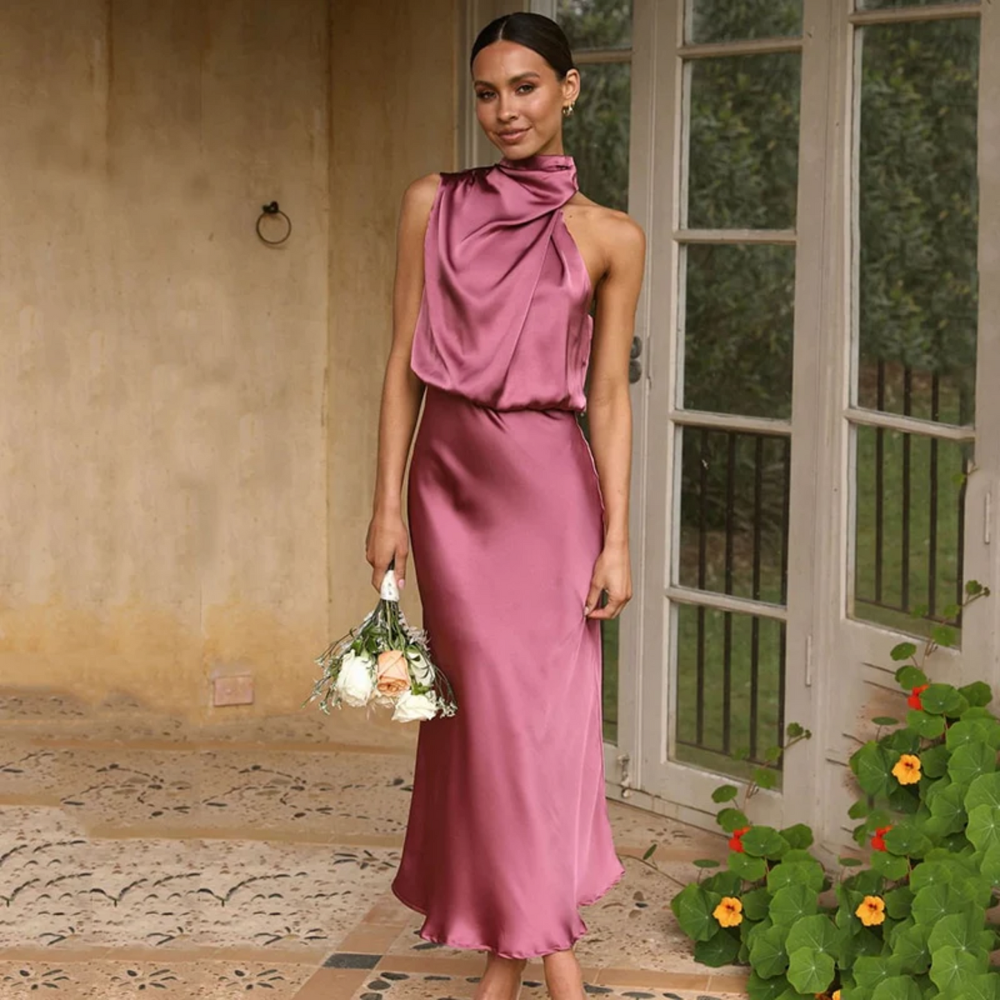 Women's Satin Gown - One Shoulder Draped Neckline - Fitted Waist - Elegant Formal Wear