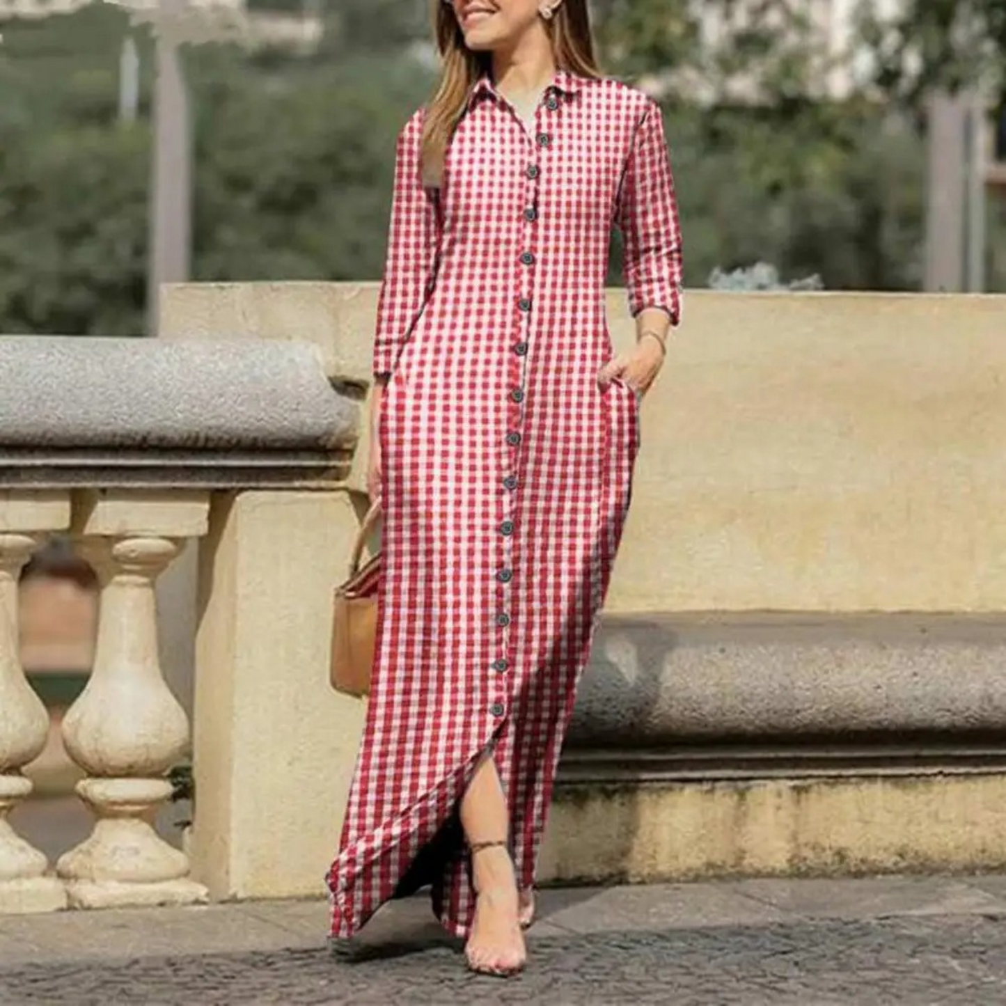 Lightweight Shirt Dress for Women with Check Collar and Buttons