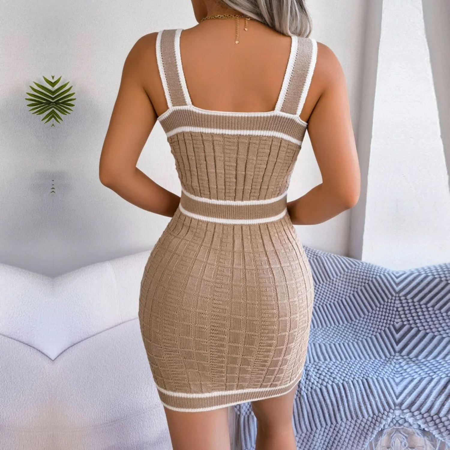 Textured Checkered Bodycon Square Neck Dress