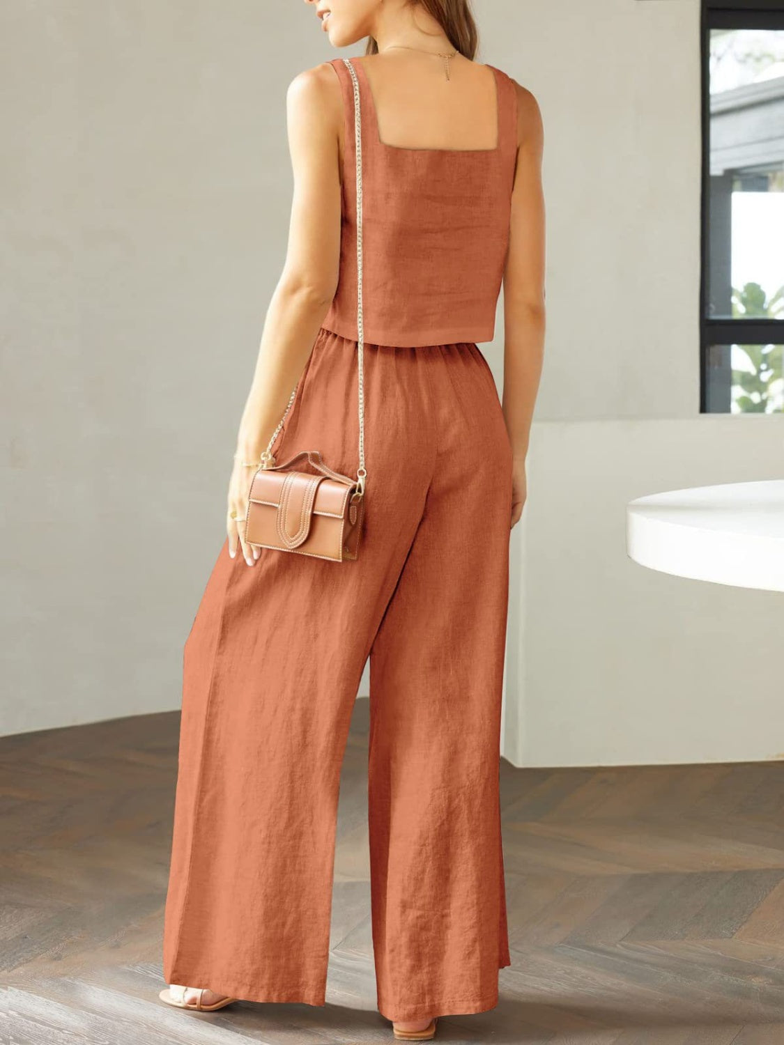 Women's square neck top and wide leg pants set