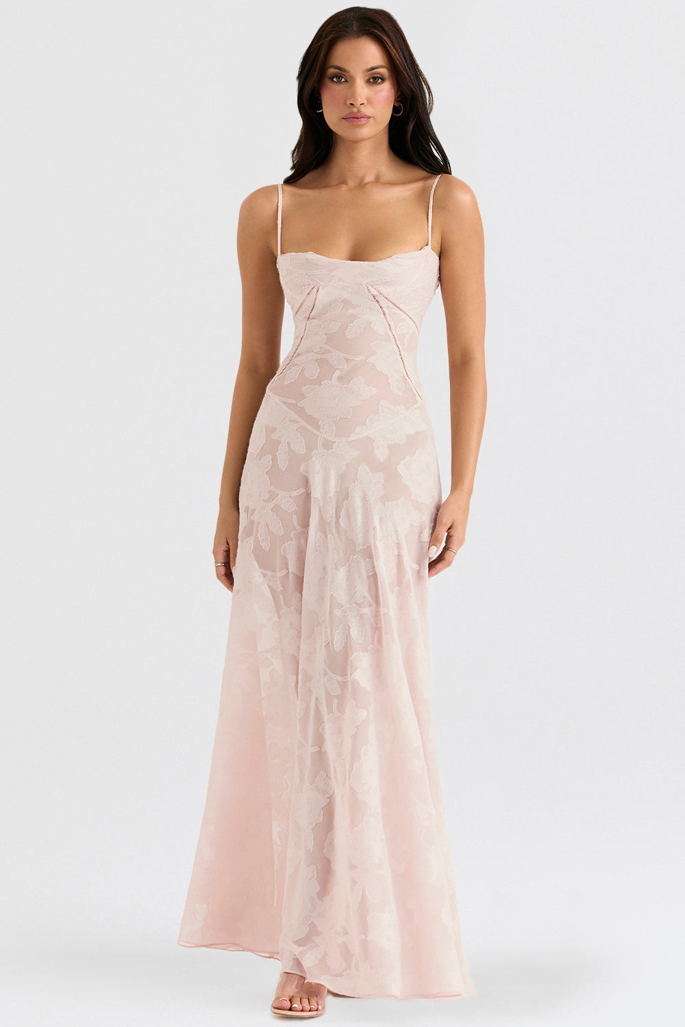 Women's Evening Gown - Floral Sheer Overlay - Spaghetti Straps - Sweetheart Neckline