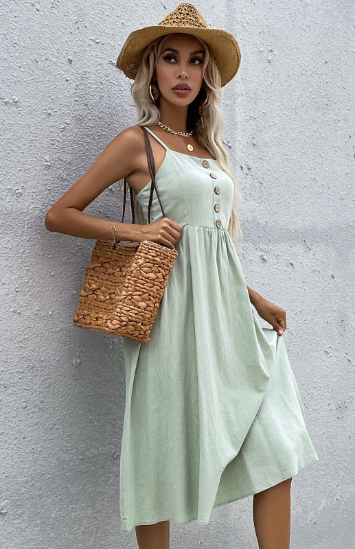 Women's A-Line Midi Dress - Sleeveless Spaghetti Strap - Button-Down Flared Fit