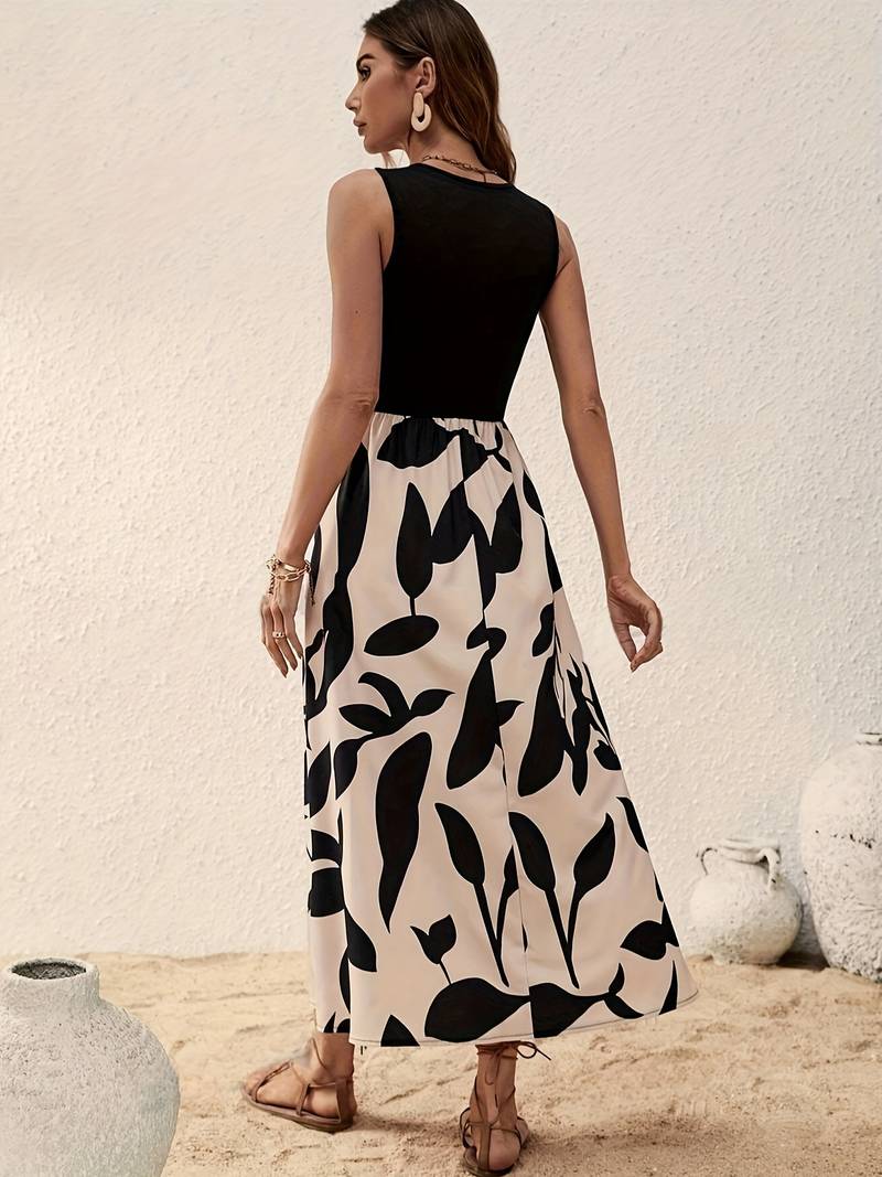 Flowy Botanical Print Sleeveless Maxi Dress