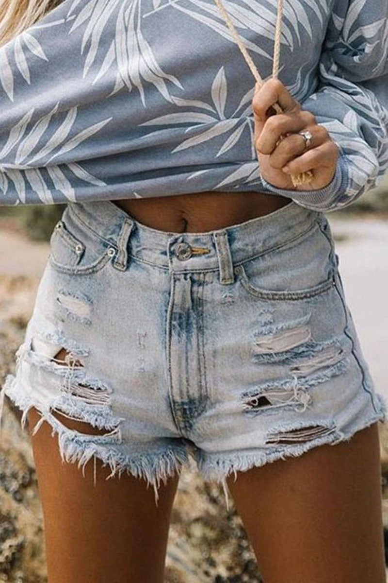 Viola - casual ripped high waist straight denim shorts