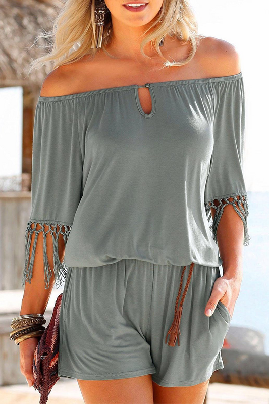 Crochet Trim Off-Shoulder Elastic Waist Romper