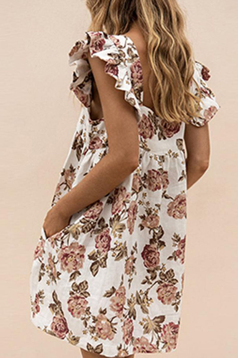 Women's A-Line Dress - Square Neck - Short Ruffled Sleeves - Floral Print Casual Wear