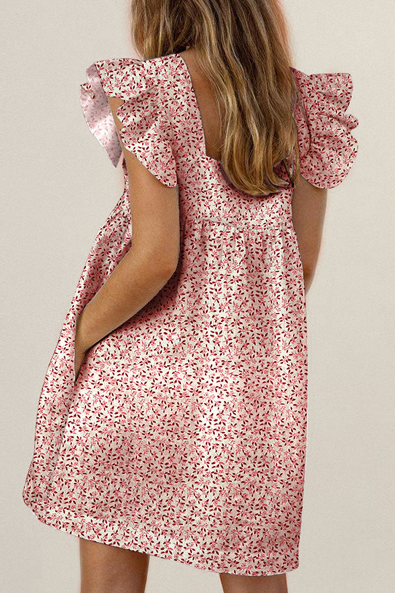 Women's A-Line Dress - Square Neck - Short Ruffled Sleeves - Floral Print Casual Wear