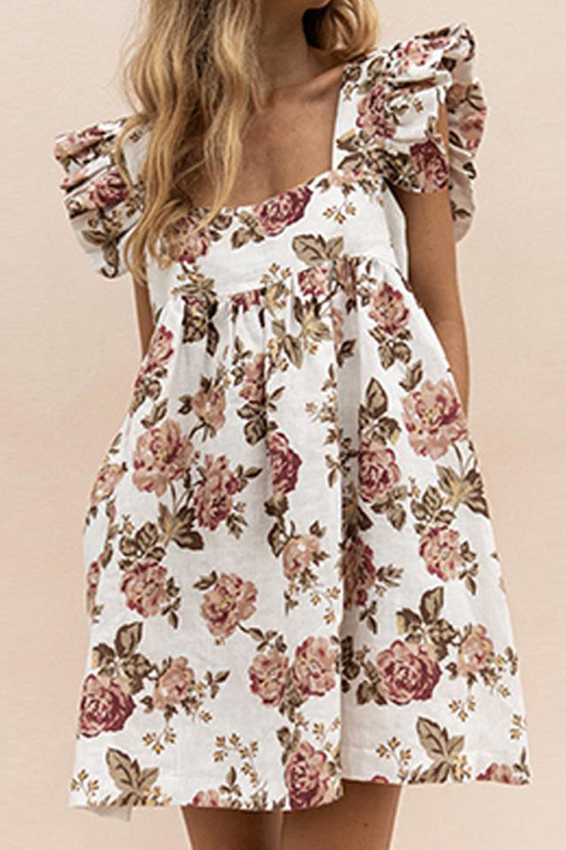 Women's A-Line Dress - Square Neck - Short Ruffled Sleeves - Floral Print Casual Wear