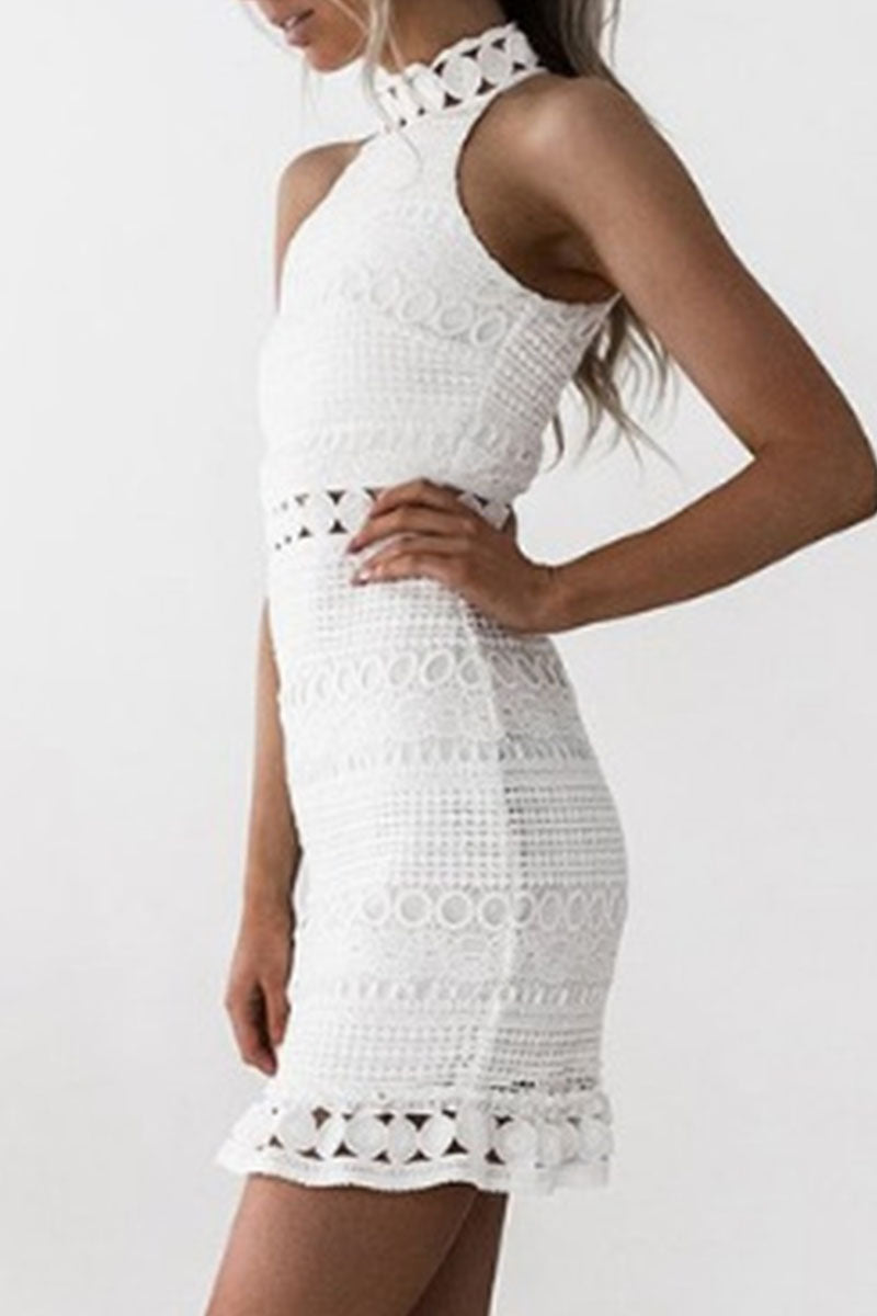 Women's Sleeveless Dress - Halter Neck - Crochet Lace - Bodycon Fit - Mid-Thigh Length