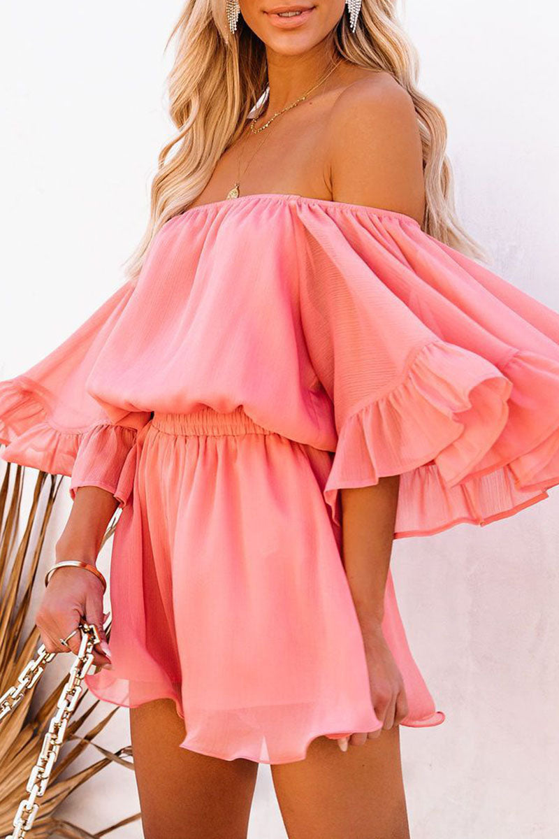 Women's Off-the-Shoulder Romper - Flowy Sleeves - Elastic Waist - Lightweight Breathable