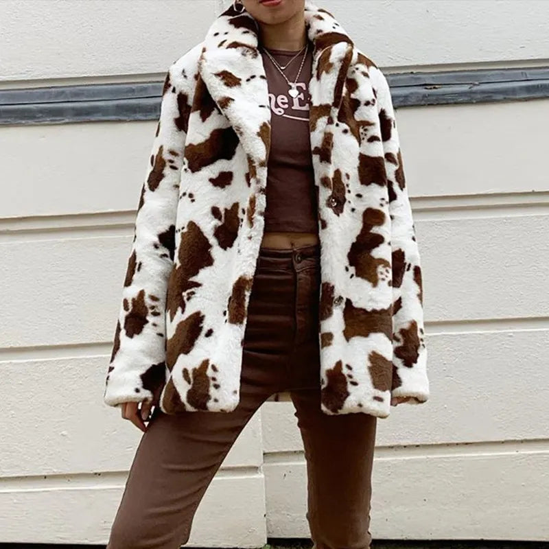 Women's cow print plush coat