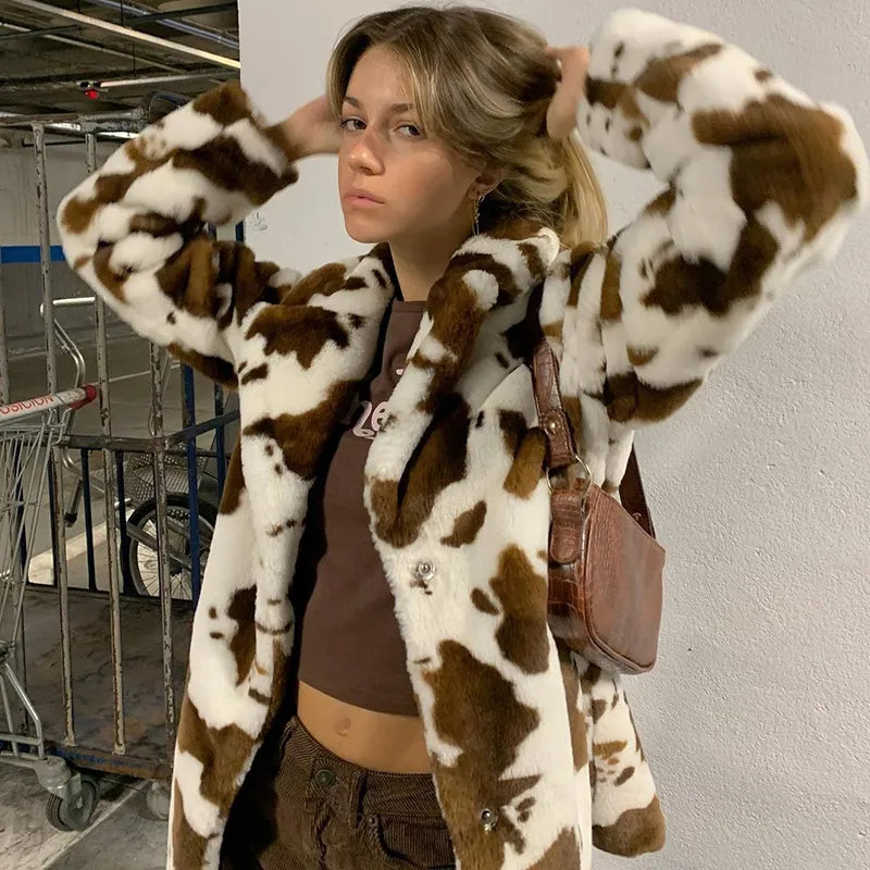 Women's cow print plush coat
