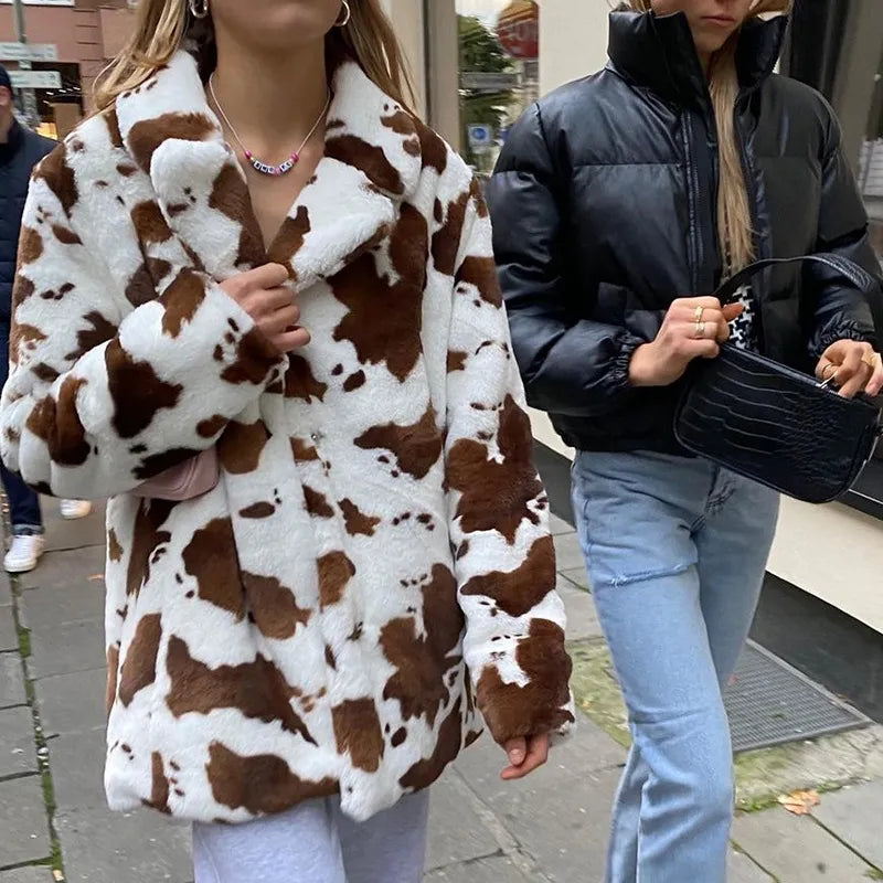 Women's cow print plush coat