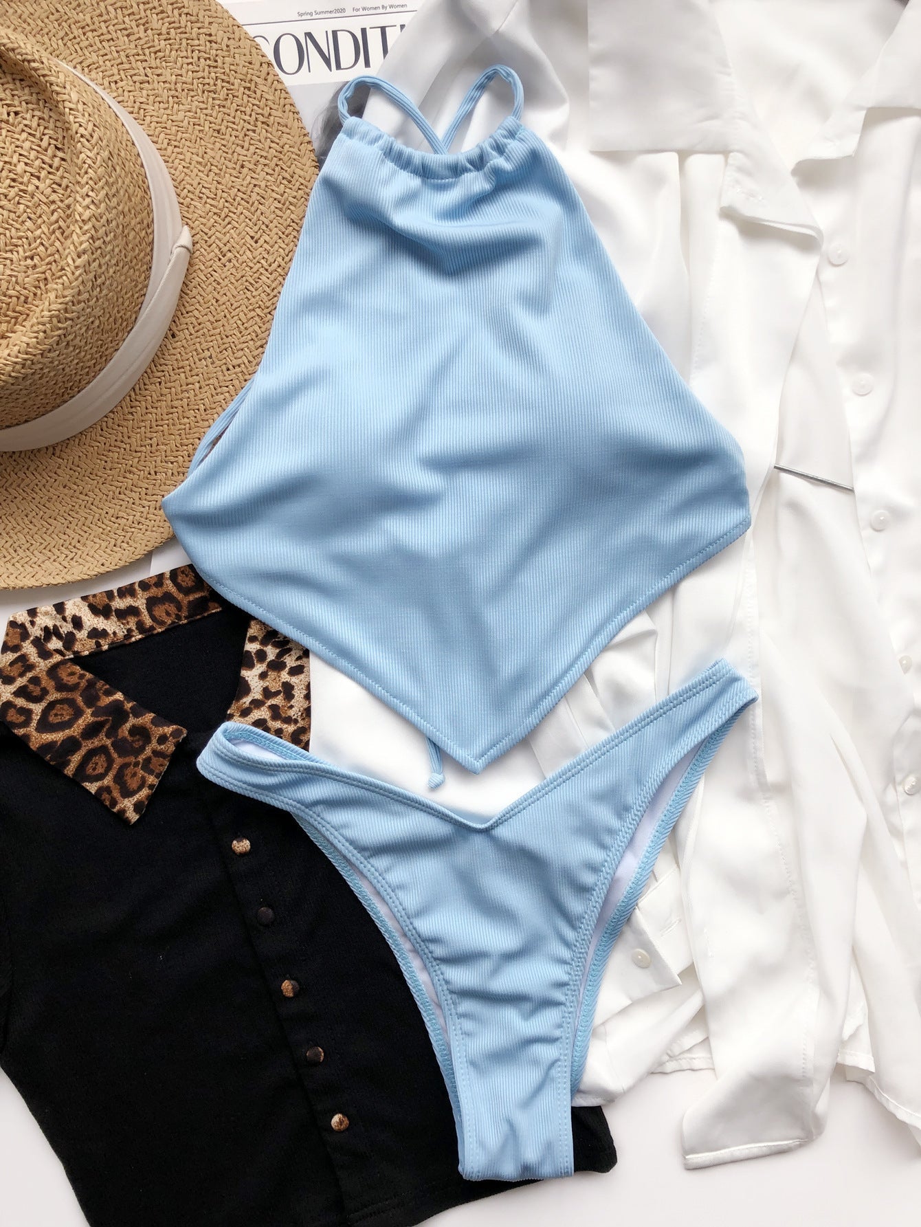 Women's Halter Bikini - Ribbed Texture - High-Cut Flattering Fit - Two-Piece Swimsuit
