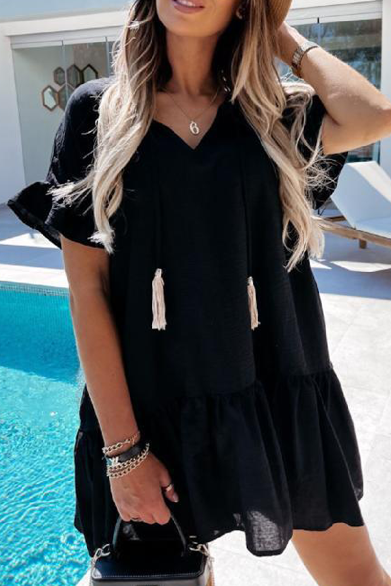 Women's A-Line Dress - Lightweight Breathable Fabric - Puff Sleeve V-Neck with Tassels