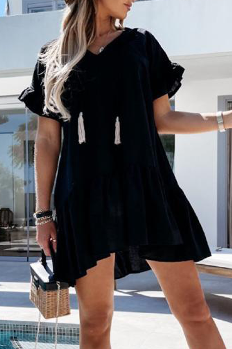 Women's A-Line Dress - Lightweight Breathable Fabric - Puff Sleeve V-Neck with Tassels