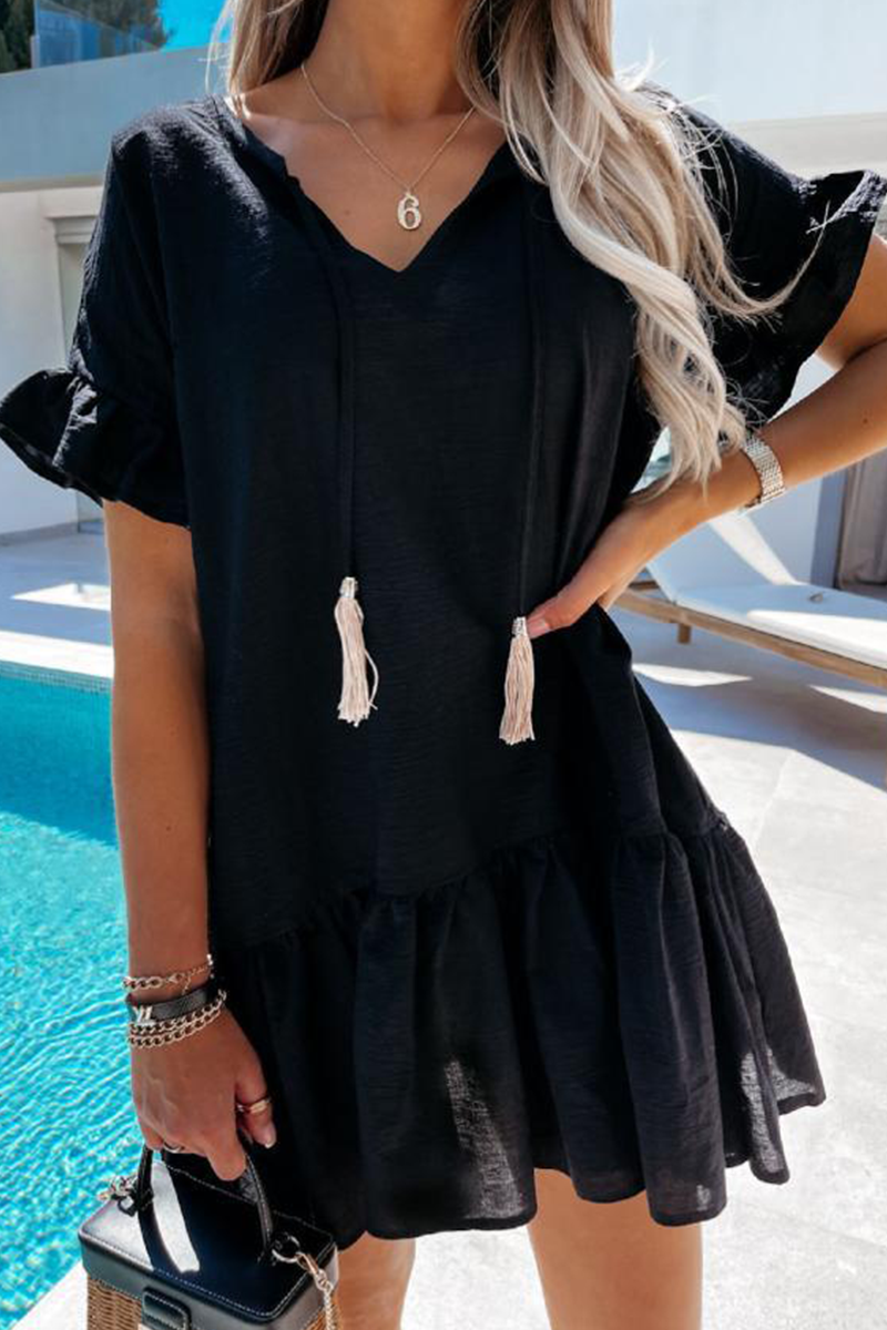 Women's A-Line Dress - Lightweight Breathable Fabric - Puff Sleeve V-Neck with Tassels