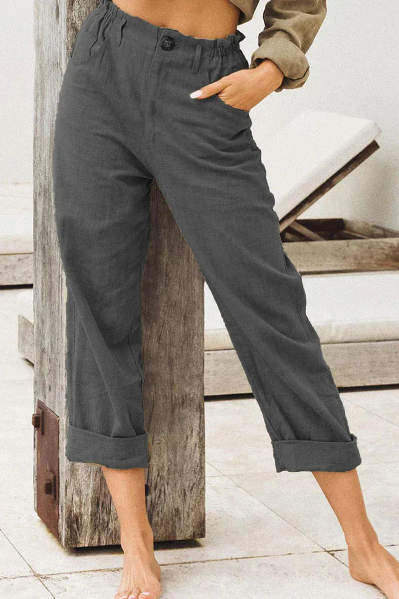 Women's High-Waisted Trousers - Relaxed Fit - Lightweight Linen Blend - Pleated Waist
