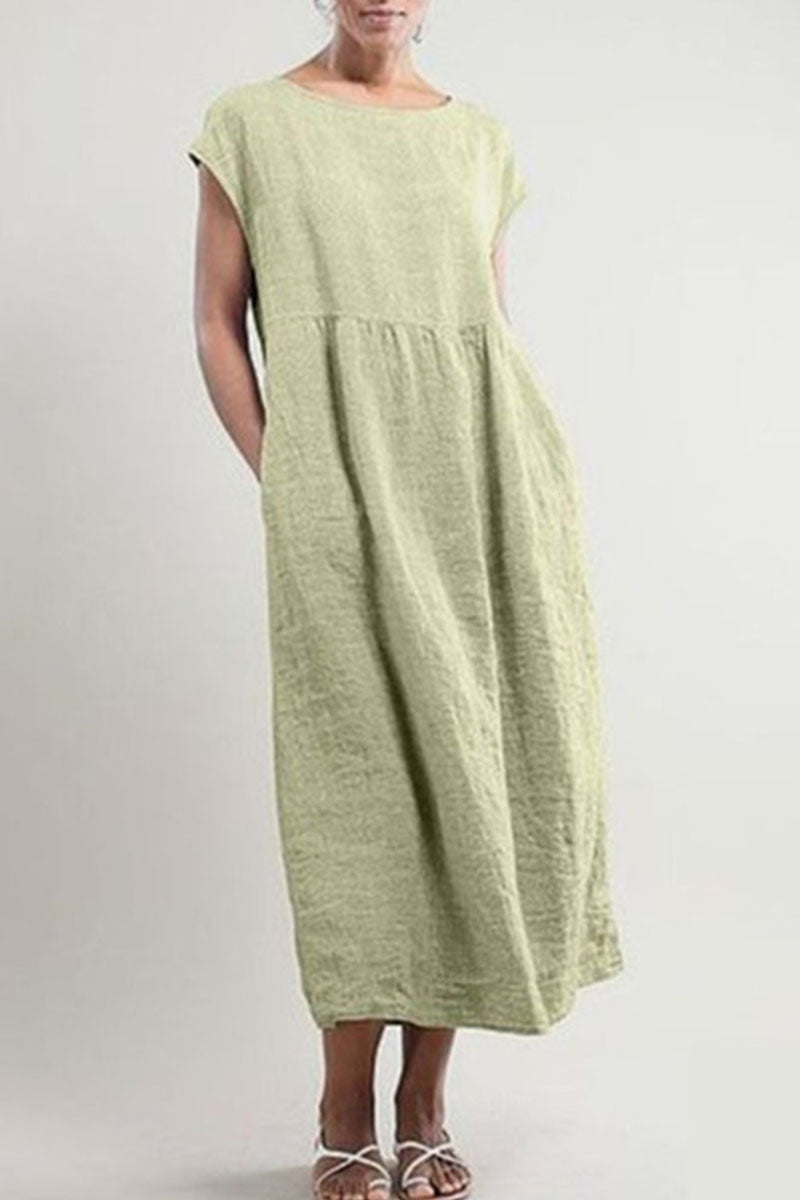 Women's Linen Midi Dress - Loose Fit - Short Sleeve - Lightweight & Breathable