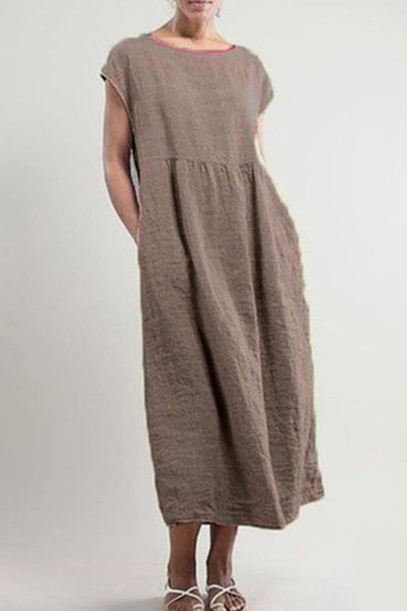Women's Linen Midi Dress - Loose Fit - Short Sleeve - Lightweight & Breathable