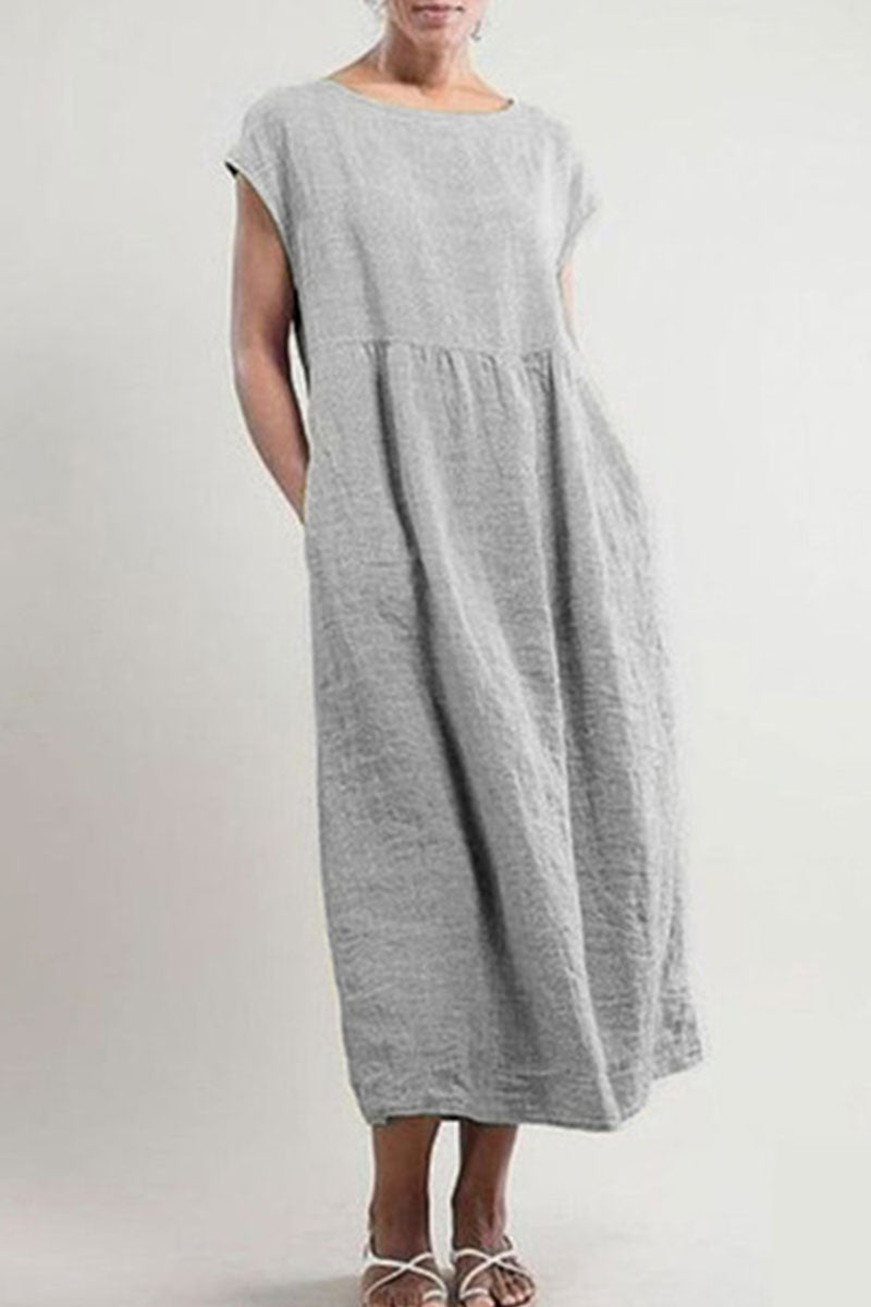 Women's Linen Midi Dress - Loose Fit - Short Sleeve - Lightweight & Breathable
