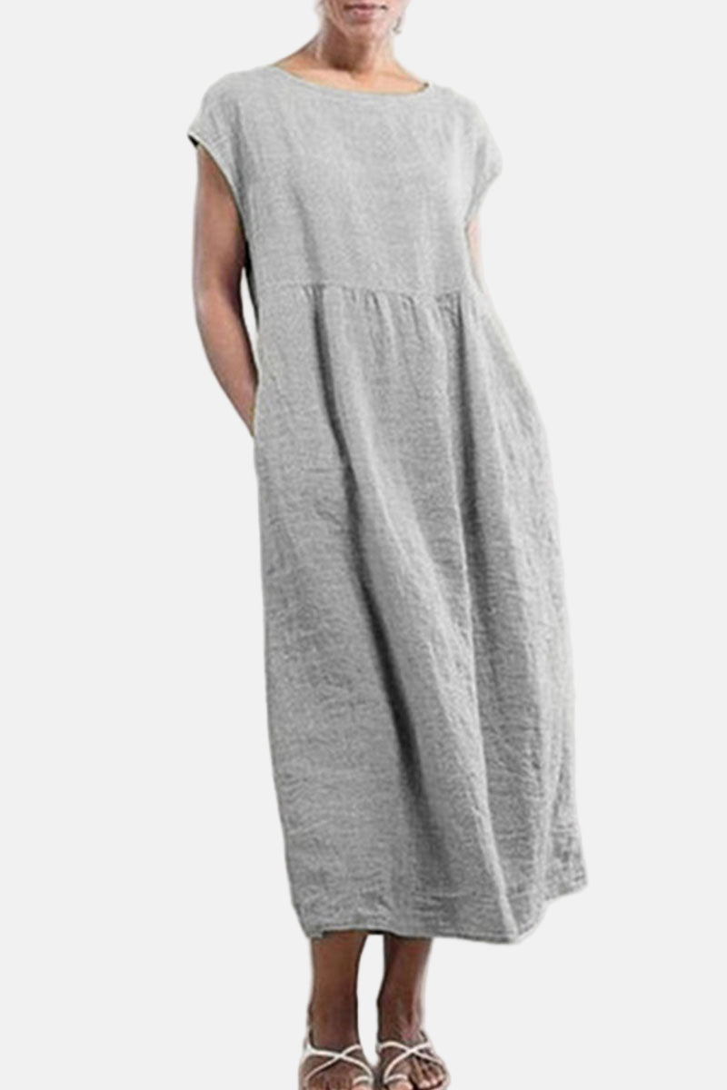 Women's Linen Midi Dress - Loose Fit - Short Sleeve - Lightweight & Breathable