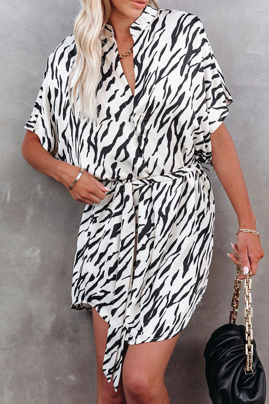 Belted Animal Print Relaxed Fit Shirt Dress