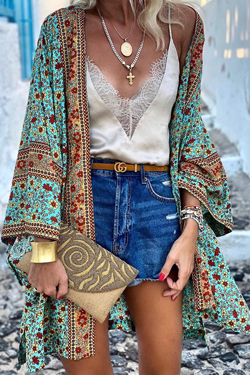 Women's Kimono Cardigan - Lightweight Bohemian Print - Flowy Wide Sleeve Layer