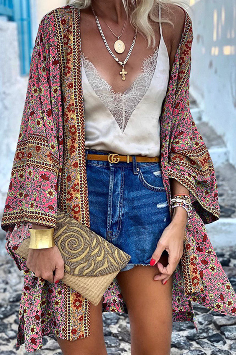 Women's Kimono Cardigan - Lightweight Bohemian Print - Flowy Wide Sleeve Layer