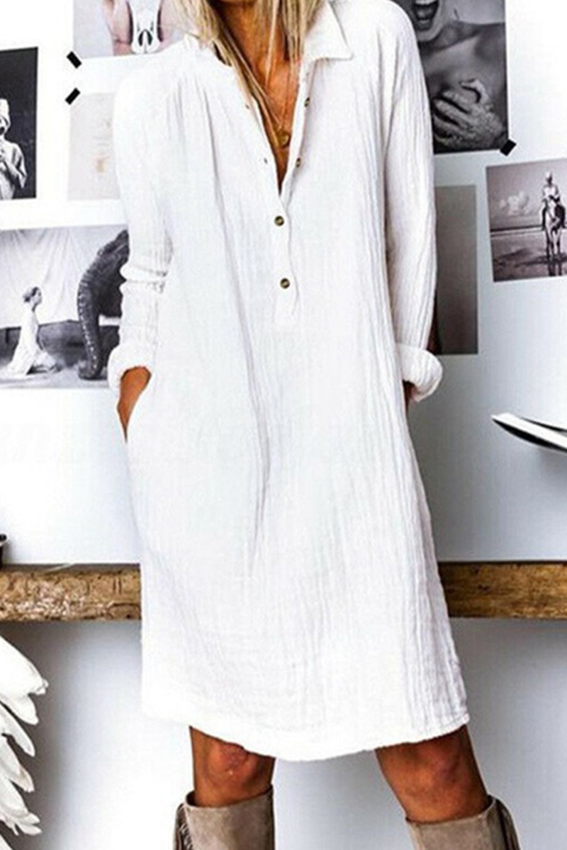 Women's Shirt Dress - Button-Up Collared - Long Sleeve Loose Fit - Casual Wear
