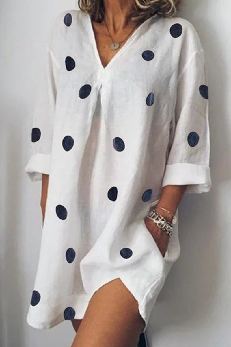 Women's Linen Tunic Dress - V-Neck - Relaxed Fit - 3/4 Sleeve Polka Dot Lightweight Fabric