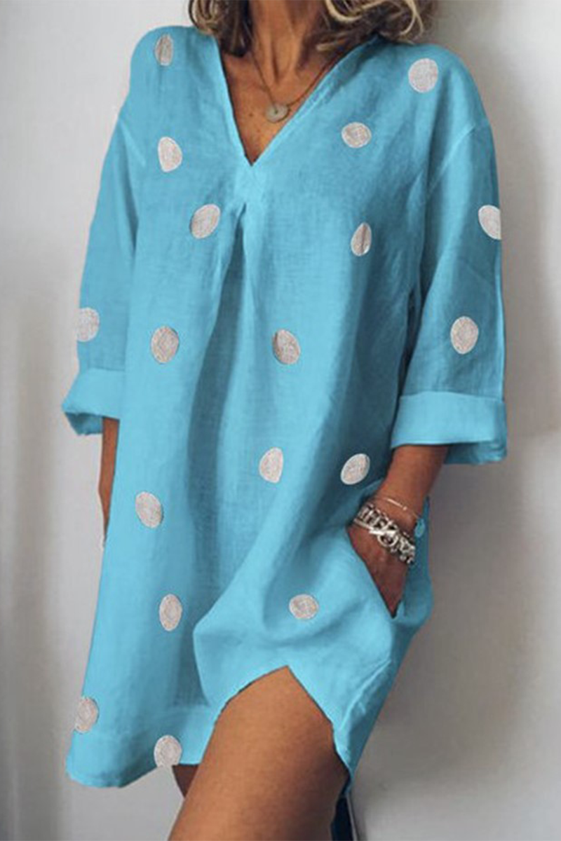 Women's Linen Tunic Dress - V-Neck - Relaxed Fit - 3/4 Sleeve Polka Dot Lightweight Fabric