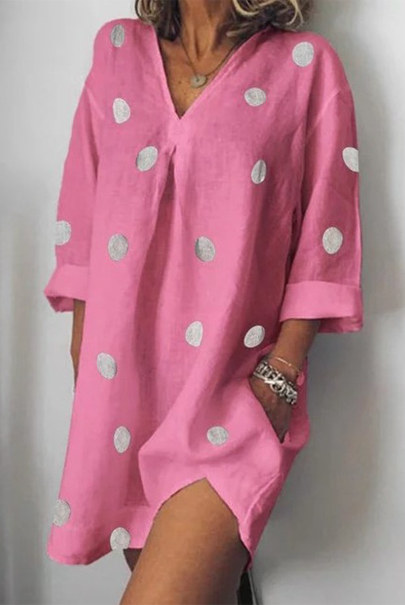 Women's Linen Tunic Dress - V-Neck - Relaxed Fit - 3/4 Sleeve Polka Dot Lightweight Fabric