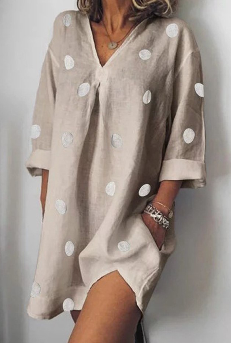 Women's Linen Tunic Dress - V-Neck - Relaxed Fit - 3/4 Sleeve Polka Dot Lightweight Fabric