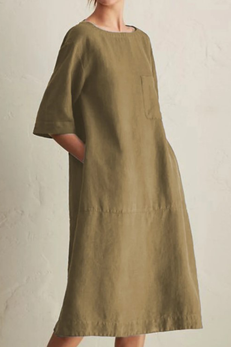 Women's Loose Dress - Knee-Length - 3/4 Sleeve - Round Neck - Breathable Cotton Linen