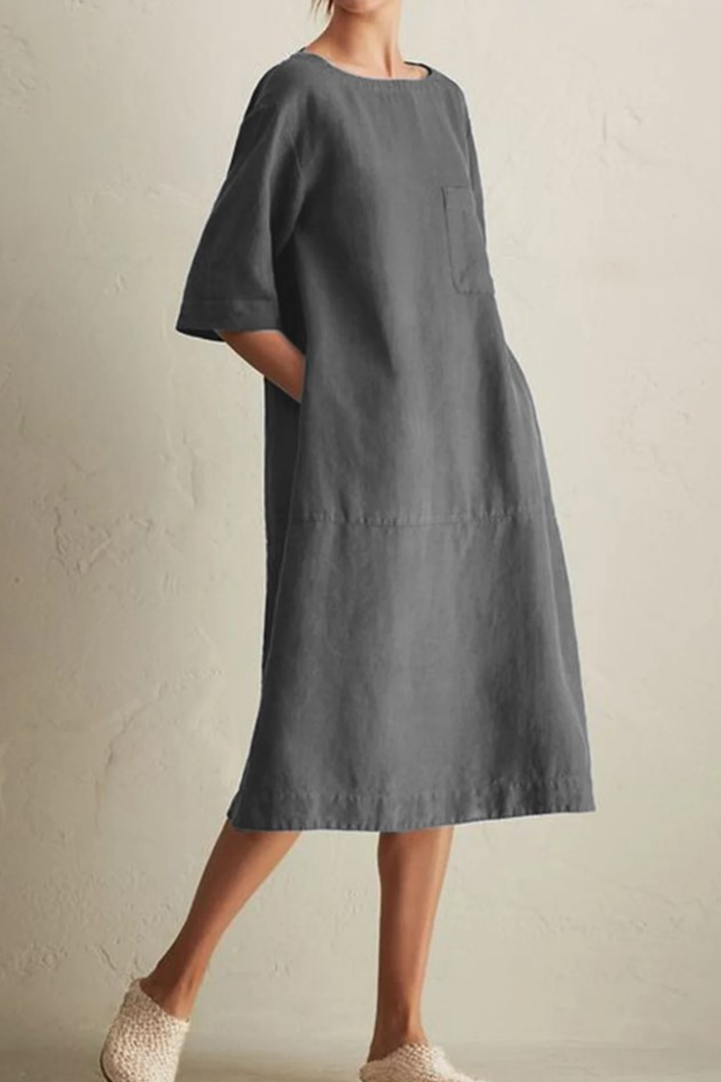 Women's Loose Dress - Knee-Length - 3/4 Sleeve - Round Neck - Breathable Cotton Linen