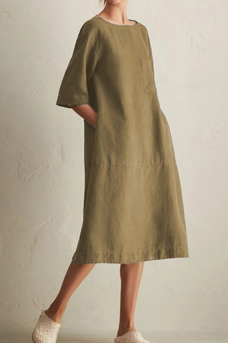 Women's Loose Dress - Knee-Length - 3/4 Sleeve - Round Neck - Breathable Cotton Linen