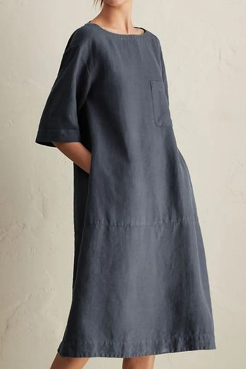 Women's Loose Dress - Knee-Length - 3/4 Sleeve - Round Neck - Breathable Cotton Linen