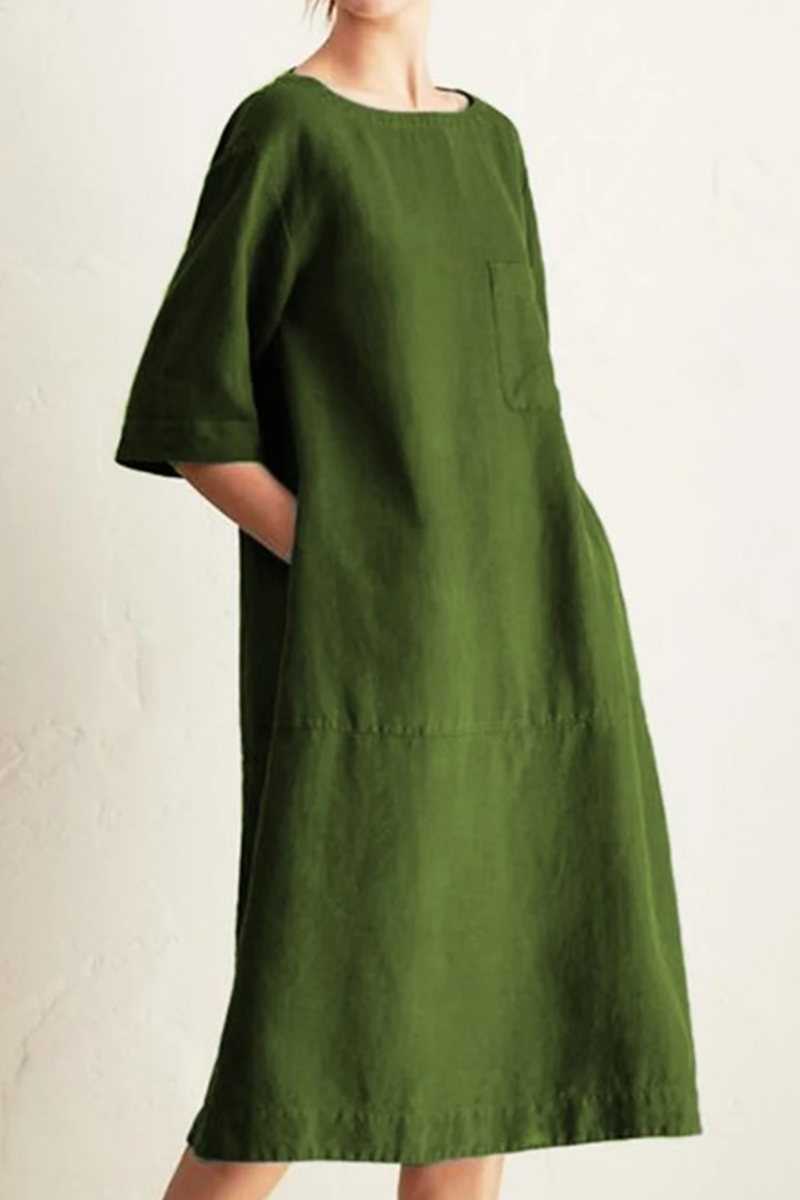 Women's Loose Dress - Knee-Length - 3/4 Sleeve - Round Neck - Breathable Cotton Linen