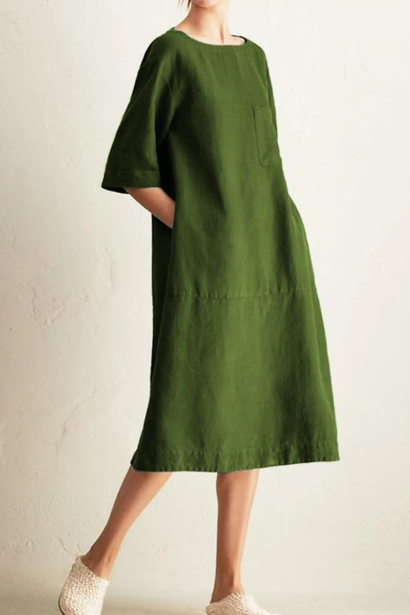Women's Loose Dress - Knee-Length - 3/4 Sleeve - Round Neck - Breathable Cotton Linen