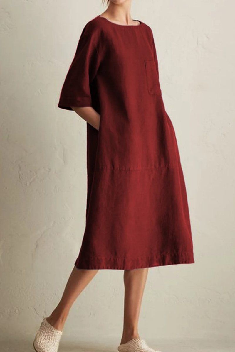 Women's Loose Dress - Knee-Length - 3/4 Sleeve - Round Neck - Breathable Cotton Linen