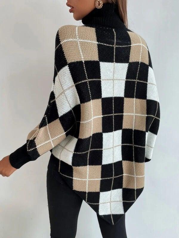 Plaid Jacquard High Collar Cape Sweater