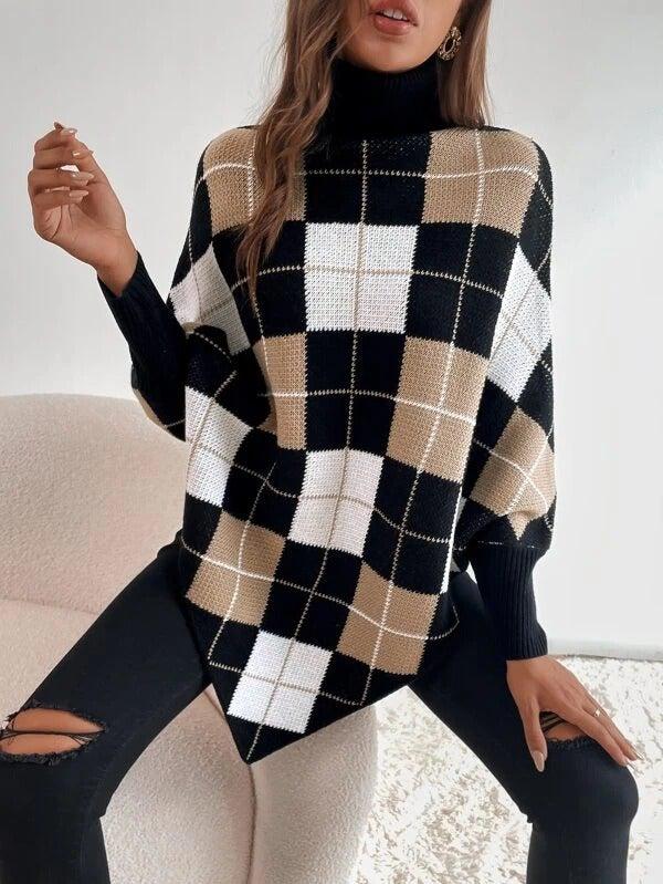 Plaid Jacquard High Collar Cape Sweater