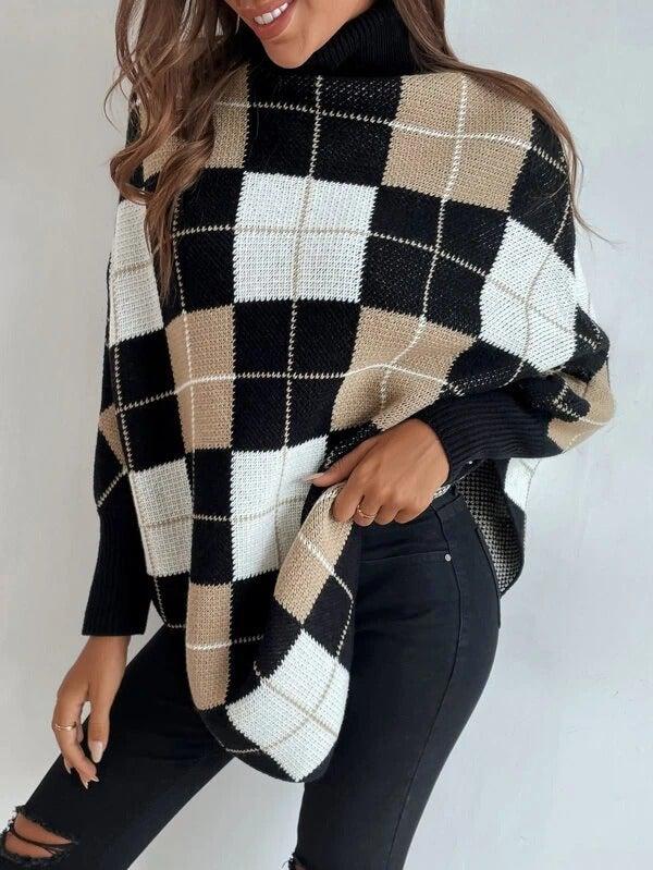 Plaid Jacquard High Collar Cape Sweater
