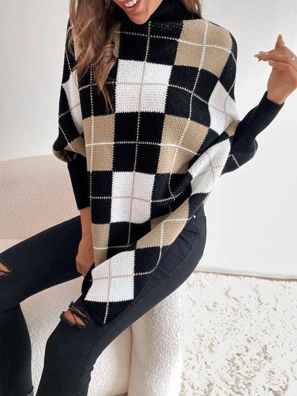 Plaid Jacquard High Collar Cape Sweater