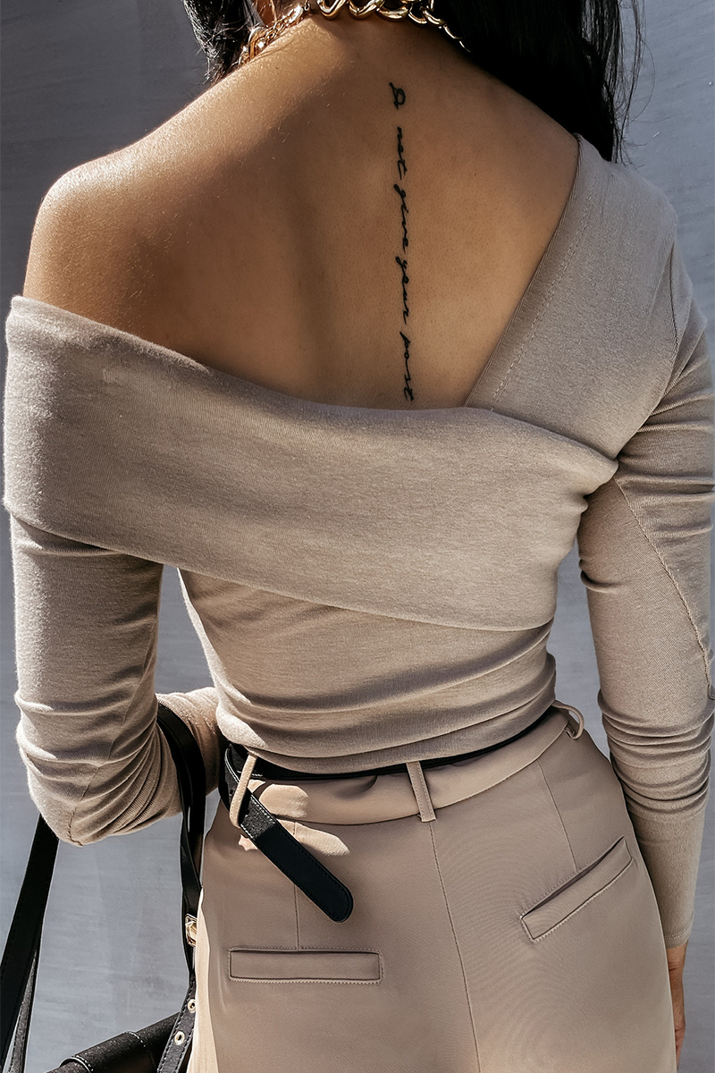 Women’s Off-Shoulder Top - Asymmetrical Neckline - Long Sleeve - Stretch Fabric