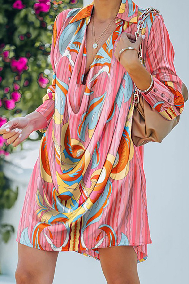 Women's A-Line Dress - Animal Print - Loose Fit - Long Sleeve Draped Neckline